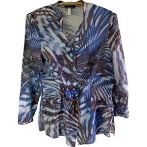 BIANCA of Germany‎ Blue Tropical Print Silk Blend Waist Drawstring Tunic